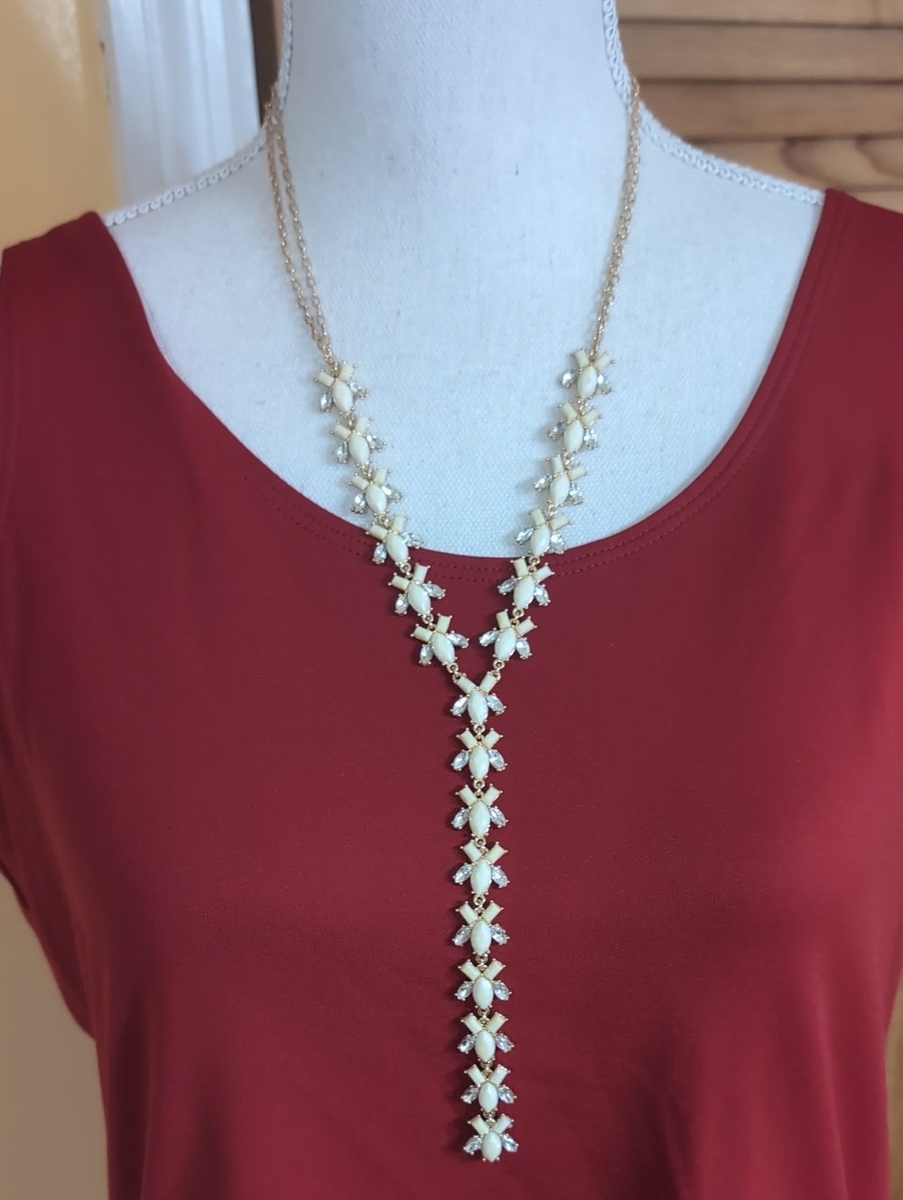 MACY'S INC Goldtone White Crystal Cluster Y Necklace NWT